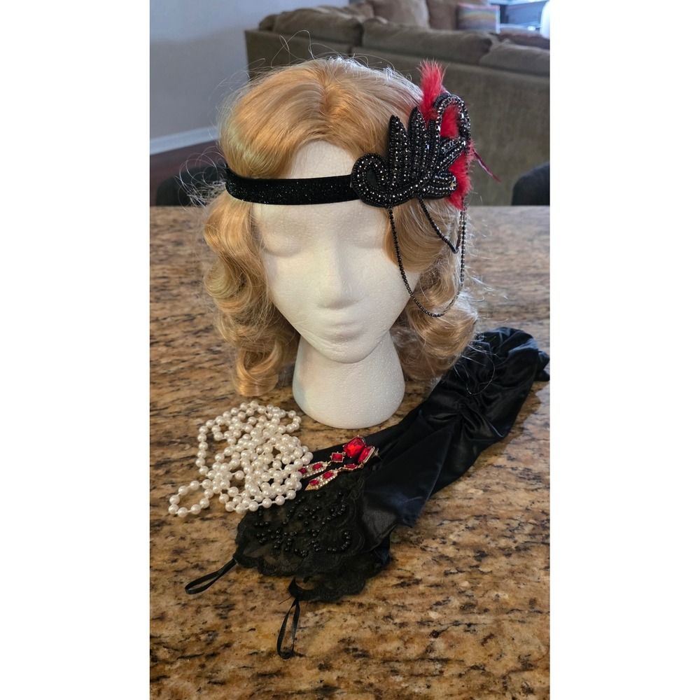 Womens 1920s Flapper Costume Set Red Black Sequin Fringe Dress Wig 3XL - Picture 2 of 8